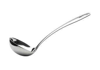 Elegant Silver Ladle: Kitchen Utensil, Polished Metal, Serving Spoon on white background