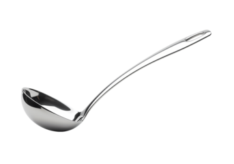 Elegant Silver Ladle: Kitchen Utensil, Polished Metal, Serving Spoon on white background