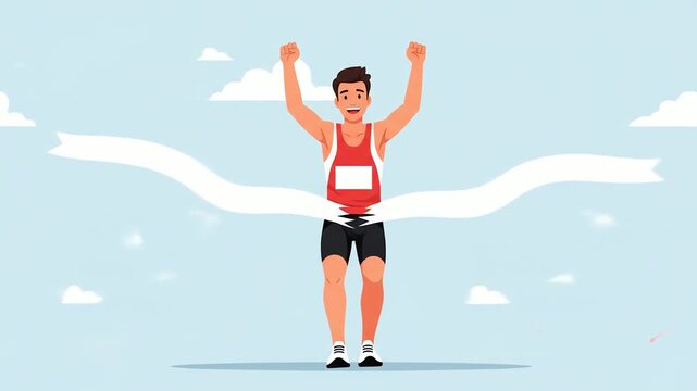 Animated man winning race crossing finish line with arms raised against a blue sky representing success, achievement and victory.