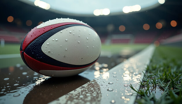 Rugby ball with water droplets on field at stadium during rain