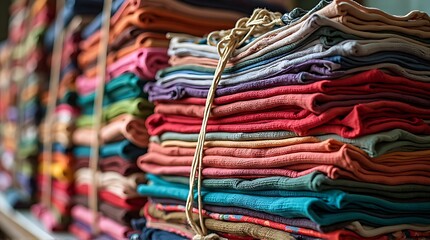 vibrant folded colorful textiles stacked fabric market
