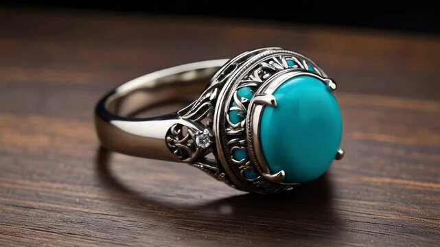 Turquoise ring with ornate silver setting on dark wood