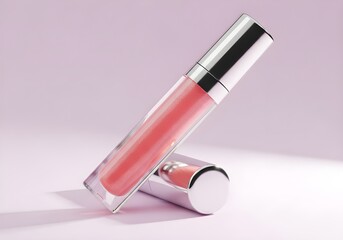 Obraz premium Elegant pink lip gloss tube with silver cap standing upright on a soft pink surface