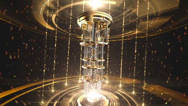 Futuristic Quantum Computer Processor Visualized with Glowing Circuits and Data Streams. Concept of Artificial Intelligence, Advanced Computing Future AI Digital Technology. Modern CPU Background 4k