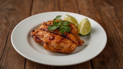 Grilled Delight. A Culinary Still Life with Citrus Accents and Wooden Textures.