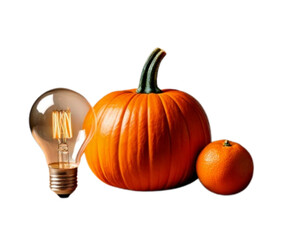Obraz premium Creative Conceptual Still Life with Pumpkin, Orange, and Illuminated Bulb PNG