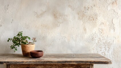 Rustic wooden table, plants, bowl, textured wall background; interior design mockup