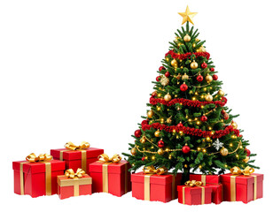 Christmas Tree Surrounded by Red Gift Boxes with Star-Shaped Snowflakes Falling, Festive Illustration, Isolated