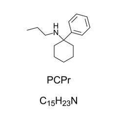 PCPr, chemical formula and molecular structure. Anesthetic drug with hallucinogenic and stimulant effects, been sold as a designer drug in Germany and other European countries since the late 1990s.