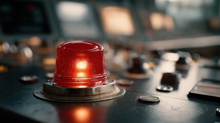 Close up of  glowing red warning light on  dark control panel with blurry background screens and buttons