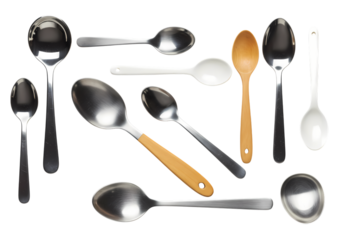 Variety of Spoons: Metal, Wood, and Plastic Utensils on white background