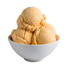 Butterscotch ice cream in white bowl on transparent background