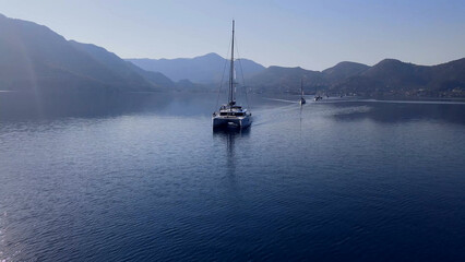 Fototapeta premium A catamaran with lowered sails leads a group of yachts along the calm waters of a sea bay 