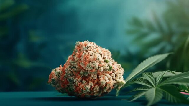 Cannabis bud with orange hairs on a green background with leaves with artistic macro. - Powered by Adobe