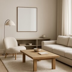 Mockup poster frame in elegant minimalist living room interior with beige tones, wooden furniture, and natural lighting
