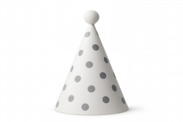 White party hat featuring gray polka dots, 3d rendered against transparent backdrop, celebrating festive occasions