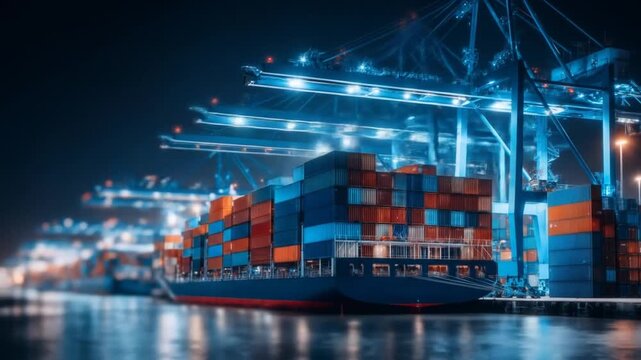Cargo ship at night with harbor filled with containers ready for transport.