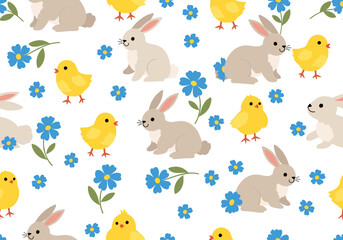 Obraz premium Charming Easter bunnies and chicks playfully hop among blooming blue flowers for a festive, joyful pattern