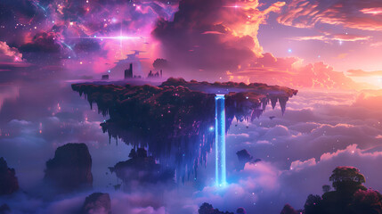 Fantasy Dreamscape Waterfalls with Cosmic Sky and Vibrant Colors