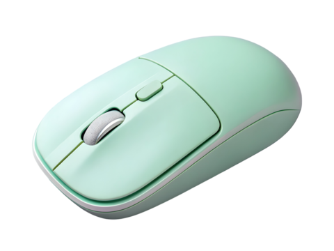 Pastel green computer mouse with textured scroll wheel isolated on a transparent background technology