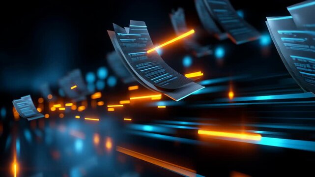 Digital ai automation accounting with flying data sheets, glowing lines, document transfer, and technology speeding data flow - Powered by Adobe