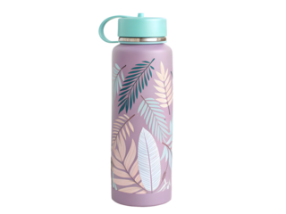 Pastel purple water bottle with tropical leaf pattern and aqua cap isolated on a transparent background