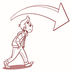 Obraz premium Line Art Cartoon Sad Man Walking Under Downward Arrow Symbol of Decline and Failure