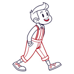 Cute Cartoon Happy Boy Walking with Hands in Pocket Line Art Illustration