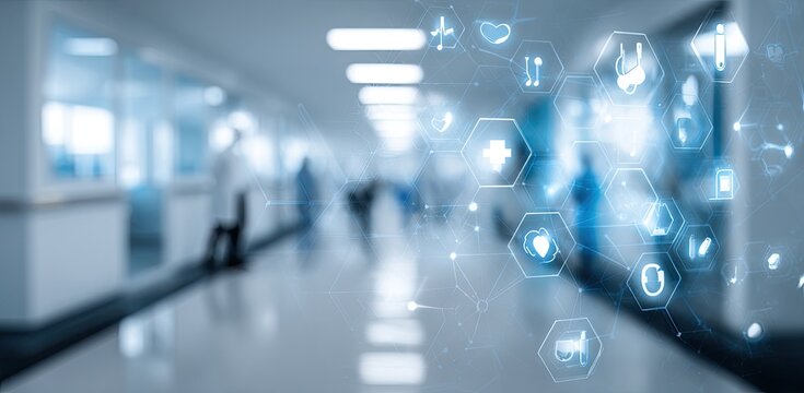 Medical hallway with superimposed digital health icons.  