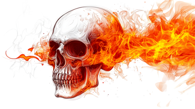 Skull on fire flames illustration isolated on transparent background