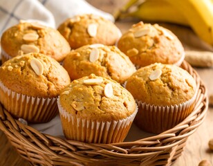 Golden-brown muffins, topped with sliced almonds, rest in a wicker basket
