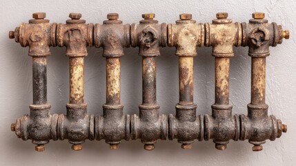 Vintage Radiator Showcasing Rusted Pipes and Worn Fittings in an Industrial Setting