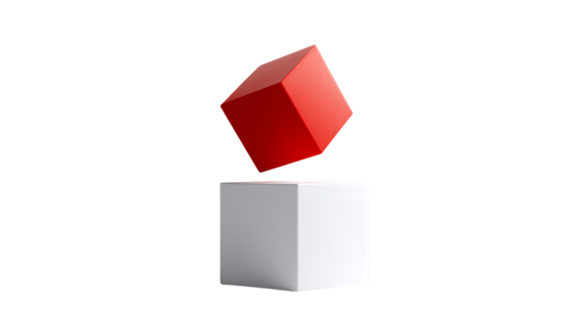 Red Cube Balancing Above White Cube on a Minimalist Background