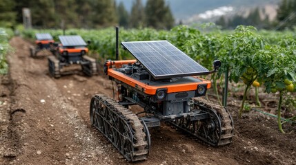 Obraz premium Autonomous farming robots traverse a field