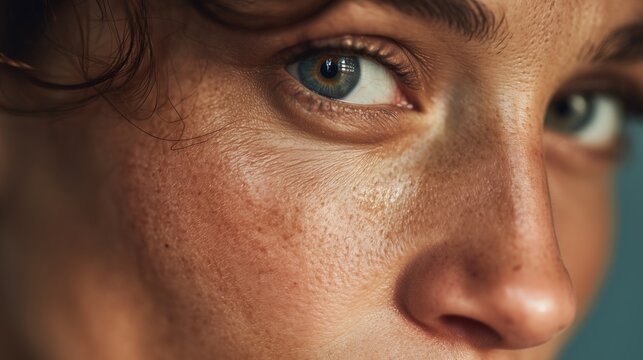 Close-up of a young woman with curly brown hair and green eyes. She has a light complexion with freckles and a thoughtful expression.