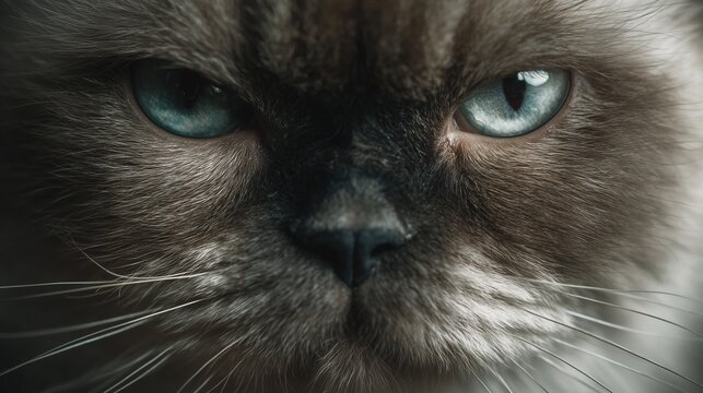 Close-up of a Himalayan cat with striking blue eyes and a distinctive mask. The cat has a fluffy coat and a serious expression, showcasing its unique features. - Powered by Adobe