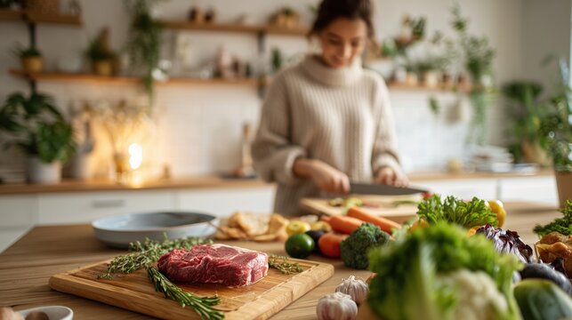 A young Caucasian woman with brown hair prepares food in a modern kitchen. Fresh vegetables and meat are arranged on a wooden cutting board. - Powered by Adobe