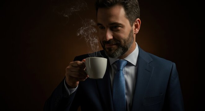 A formally dressed man, enjoying a steaming cup of coffee, looking thoughtful.