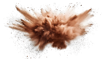 Soil explosion effects showcasing flying debris and particle dispersion isolated on transparent background