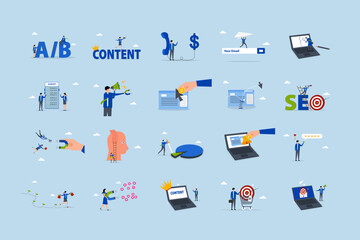 Business illustrations set. Collection of scenes with men and women taking part in business activities.