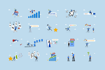 Fototapeta premium Business illustrations set. Collection of scenes with men and women taking part in business activities.