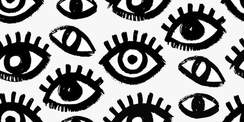 Abstract black and white hand drawn eye pattern with a grunge brushstroke texture