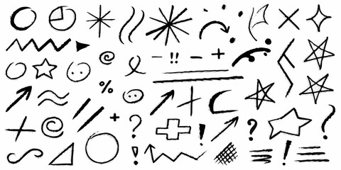 Collection of hand drawn black sketchy symbols and icons on white background