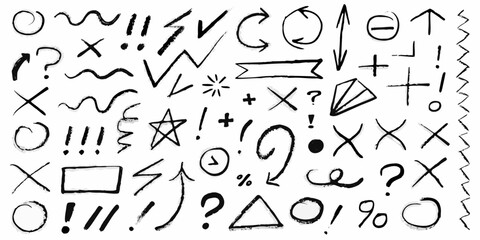 Collection of hand drawn black doodle icons and symbols on white background