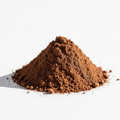 Ultra realistic front view photograph of finely ground cocoa powder forming a small heap isolated on white for premium digital design and social media use