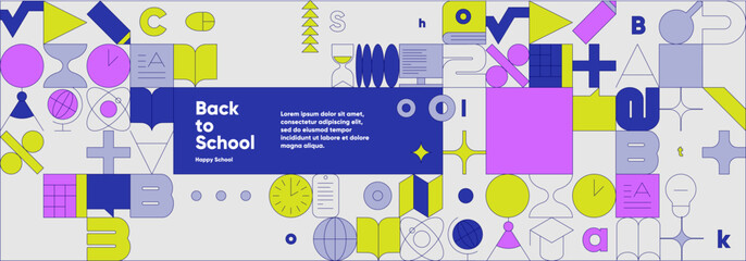 Colorful abstract back-to-school themed illustration featuring geometric shapes and educational symbols. Includes text 'Back to School' and placeholder text, ideal for educational promotions 