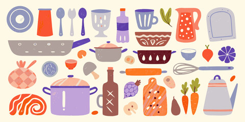 A charming collection of hand drawn kitchenware and ingredients in a playful colorful illustration style
