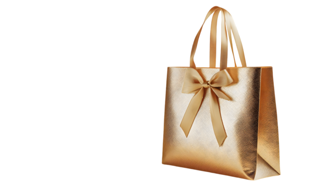 Stylish golden shopping bag with elegant ribbon handles isolated on transparent background
