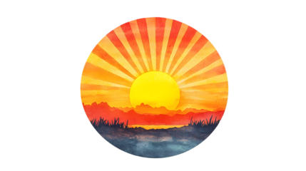 Sunset with radiant orange and yellow rays isolated on transparent background