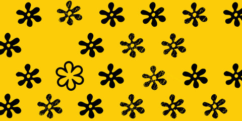 Retro black flower pattern on a vibrant yellow background with a playful organic feel